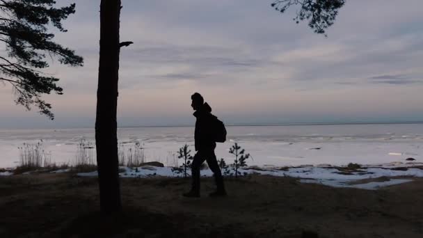 Man with a backpack walks along the trees along the shore in the background of the bay. — Stock Video