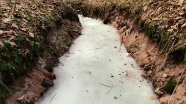 Kamera hareket eder ve gündüz sırasında erken baharda donmuş creek kaldırır.