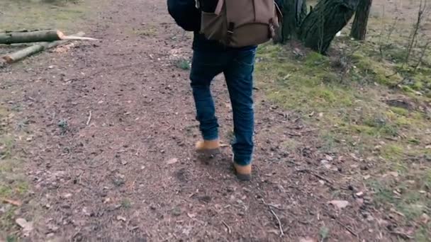 Câmera persegue a pessoa e decola enquanto caminha com uma mochila na floresta . — Vídeo de Stock