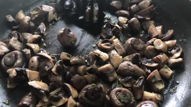 Смажені гриби на сковороді — стокове відео