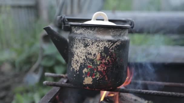 Bouilloire chauffée sur un feu au ralenti — Video