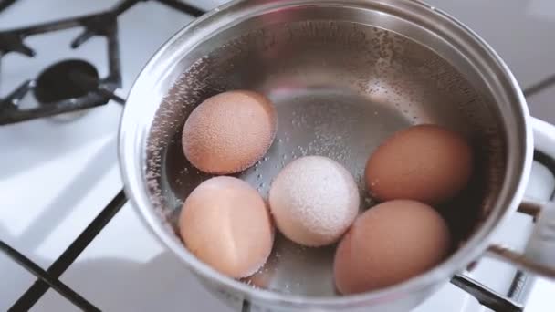 Los huevos se hierven en una cacerola — Vídeo de stock