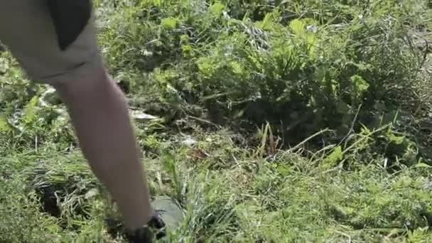 Man with a gas trimmer mows the grass in slow motion — Stock Video