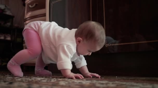 Μικρό μωρό που μπουσουλάει στο πάτωμα στο σπίτι — Αρχείο Βίντεο