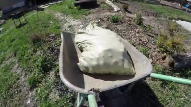 Jardín carretilla bolsa de patatas — Vídeo de stock