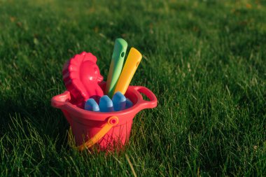 bir demet yeşil çim üzerinde çocuk renkli oyuncakları.