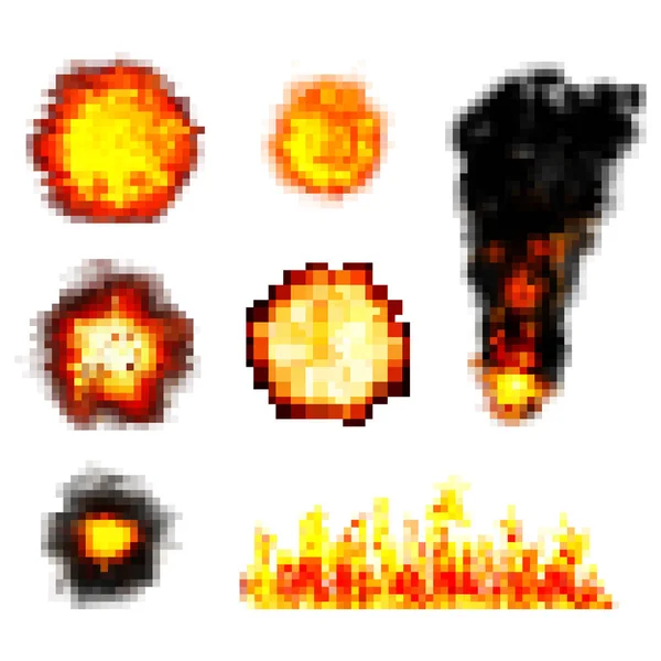 Pixel boom. retro game explosions. vector set — Stock Vector