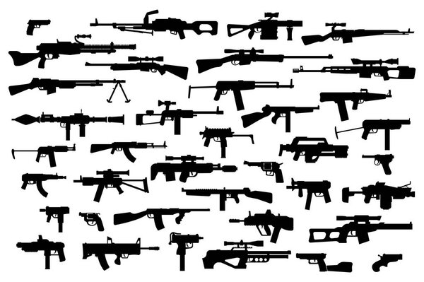 Firearms. Vector big set of different modern fire weapons. Black silhouettes on white isolated background. Side view