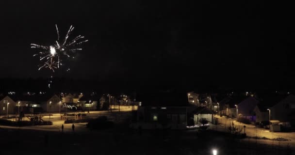 Focuri de artificii pe cerul nopții peste case — Videoclip de stoc