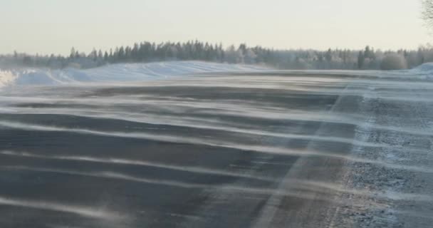 Wind waait sneeuw op een landweg. ijzige winterdag — Stockvideo