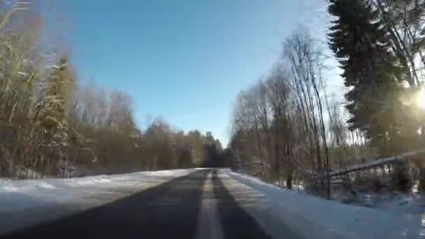 Driving by car on the road through the forest in winter. Shot on a sunny day wide-angle — Stock Video