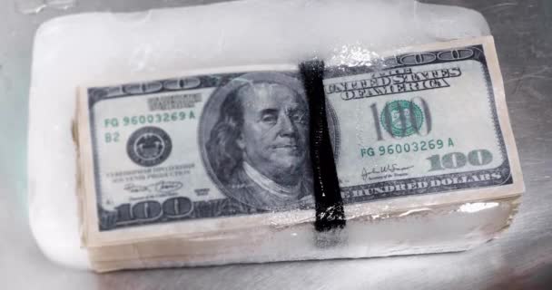 Paquete de billetes de cien dólares se descongela del hielo. vídeo timelapse. Descongelar efectivo — Vídeo de stock