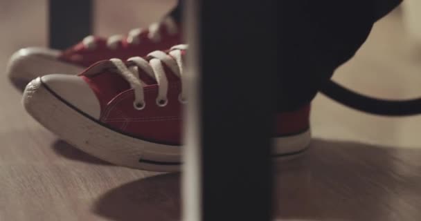 Camera moves from the right to the left and takes off as the legs in the red sneakers beat off — Stock Video