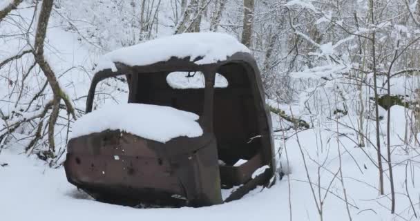 Oude en roestige autolichaam in het bos in de winter — Stockvideo