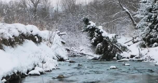 雪の土手に沿って流れ春と川 — ストック動画