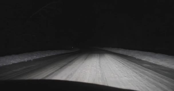 Condução de carro nas estradas noturnas na vista frontal de inverno — Vídeo de Stock