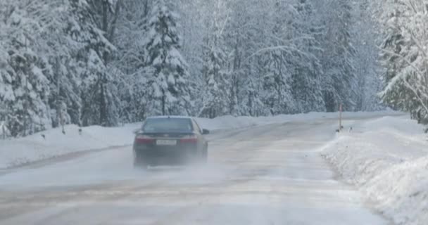 Авто едет вдоль зимней дороги возле леса — стоковое видео
