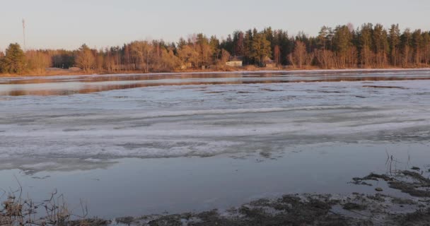 早春の雪解けし、川の流れは、氷と雪 — ストック動画