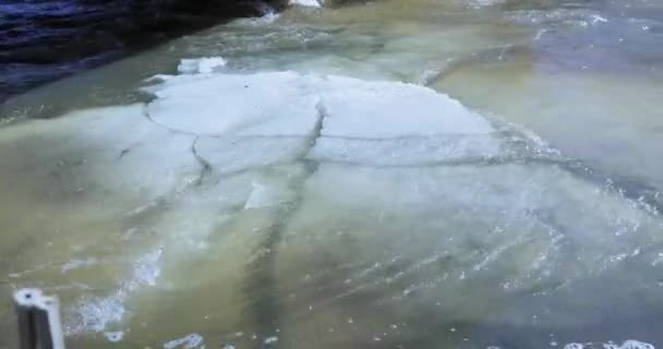 Tauwetter und Fluss des Flusses über Eisstücken — Stockvideo