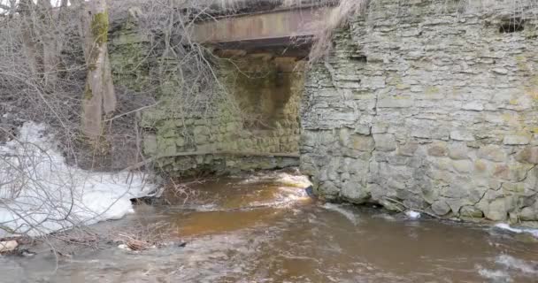 Motie van de rivier onder een stenen brug in het voorjaar — Stockvideo