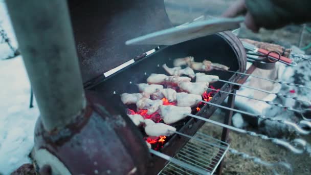 Asas de frango são cozidas na grelha e, ao mesmo tempo, acenando um acessório para manter a temperatura. Vídeo em câmera lenta — Vídeo de Stock