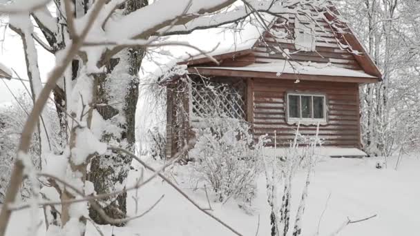 Pequeña casa de madera en un bosque de invierno cubierto de nieve. movimiento horizontal lento de la cámara — Vídeo de stock