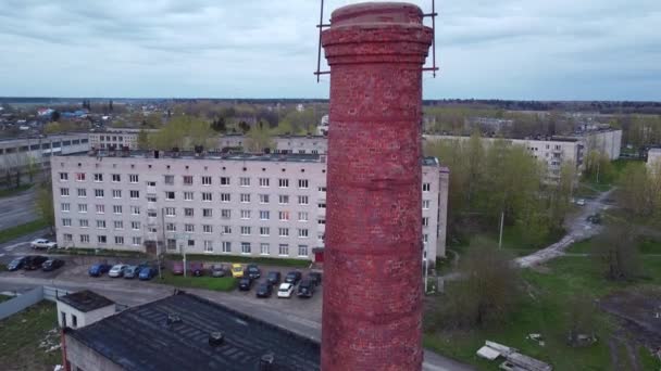 Old boiler house building with pipe aerial shot — Stock Footage Old boiler house building with pipe aerial shot Stock Footage