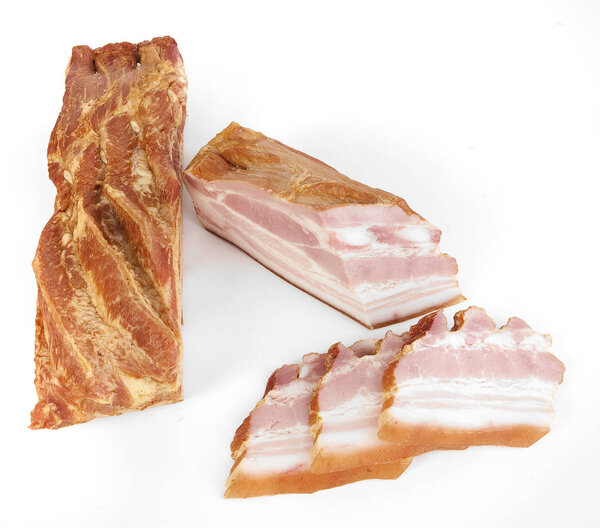 Smoked bacon with layers of meat. On a white background.