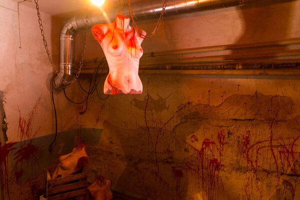 Awful bloody female torso hanging from chains in dimly lit basem
