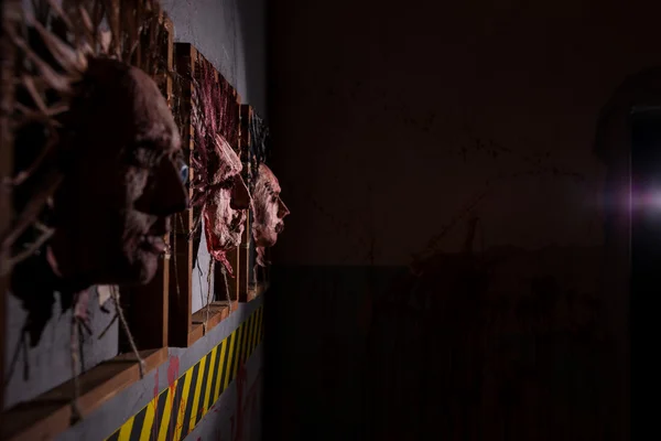 Primer plano de las pieles de las cabezas humanas atascadas en marcos cuadrados —  Fotos de Stock