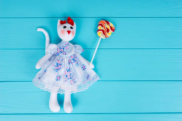 Zelfgemaakte speelgoed in de vorm van een kat in een jurk bedrijf kleurrijke lo — Stockfoto