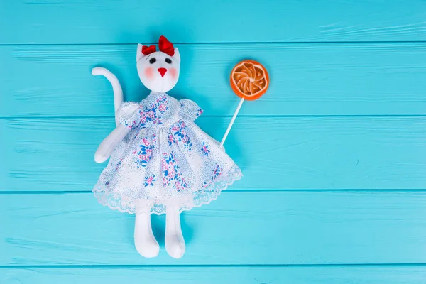 Zelfgemaakte speelgoed in de vorm van een kat in een jurk bedrijf kleurrijke lo — Stockfoto
