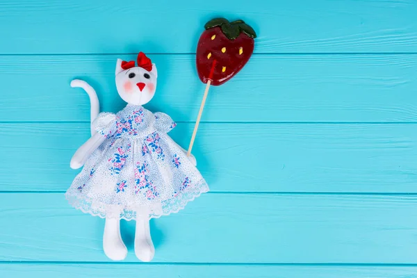 Homemade toy in the form of a cat in a dress holding colorful lo — Stock Photo, Image