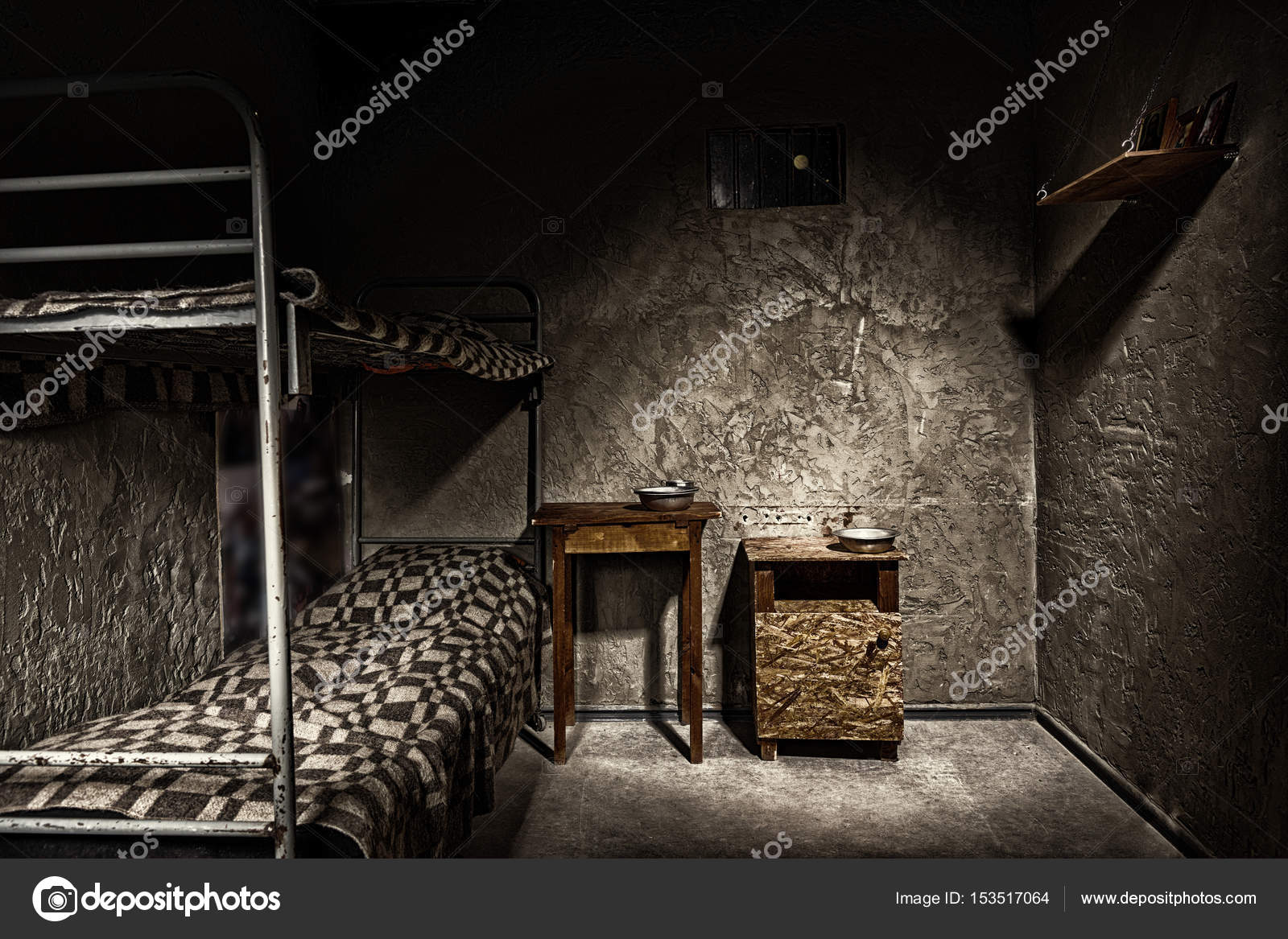 Dark Empty Jail Cell With Iron Bunk Bed, Jail Cell Bunk Beds