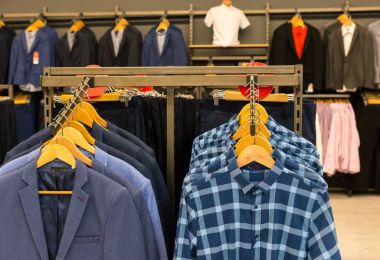 Erkek giyimi butik rafa asılı çeşitli