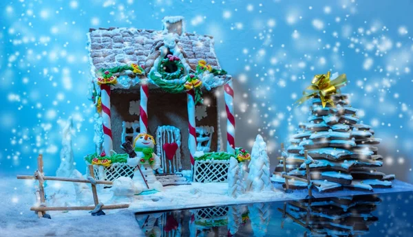 Casa de gengibre caseira, árvore de Natal de gengibre e um sug — Fotografia de Stock