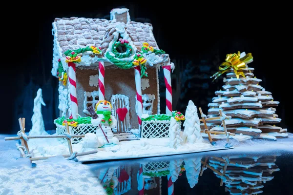 Casa de jengibre casero cubierto de nieve, pan de jengibre Navidad t — Foto de Stock