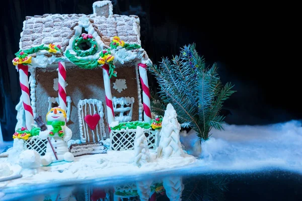 Homemade gingerbread house, a sprig of Christmas tree and a suga — Stock Photo, Image