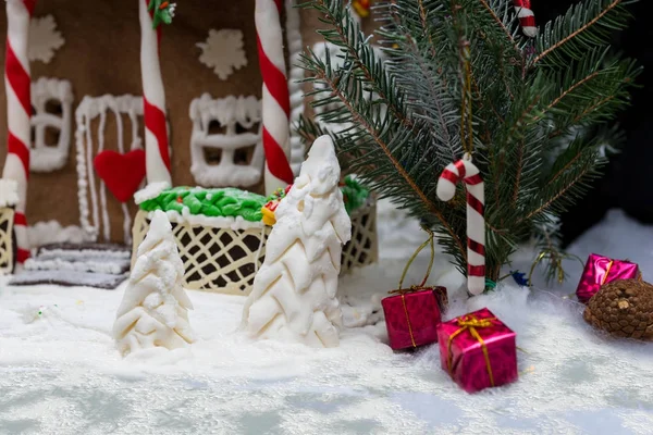Gros plan d'un brin d'arbre de Noël et d'un mastic de sucre n — Photo