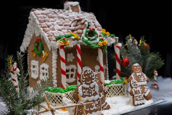 Urocza Piernik rodziny w pobliżu pokrytych śniegiem domowe gingerbre — Zdjęcie stockowe