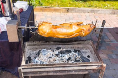 Kavrulmuş domuz üzerinde geleneksel tükürük açık