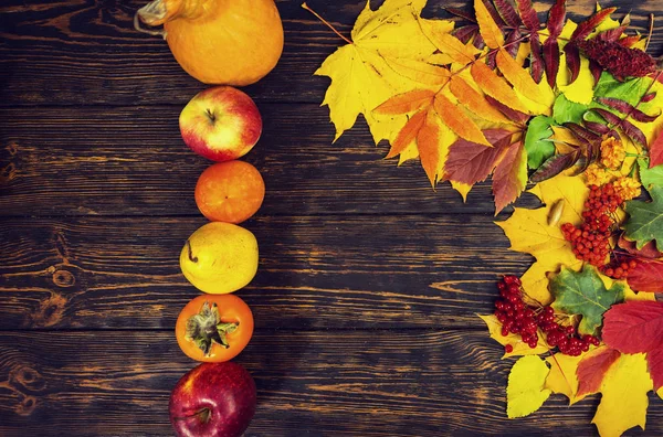 Beau fond d'automne avec rowan, feuilles jaunes, pomme rouge — Photo