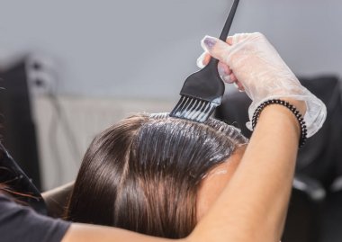 Close up of young female hairdresser's hands are dyeing client's clipart
