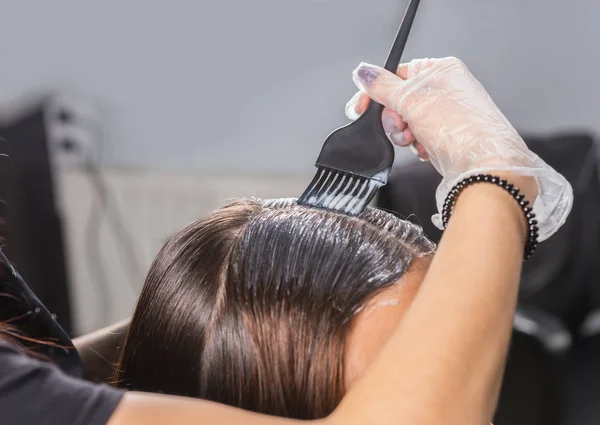 Primer plano de las manos de la joven peluquera están teñiendo cliente de — Foto de Stock