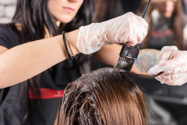 Atractivo peluquero morena teñir a fondo el cabello de la mujer — Foto de Stock
