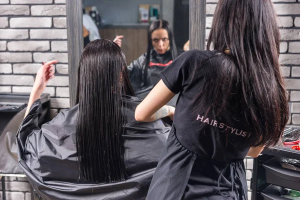 Femmina giovane cliente con lunghi capelli bagnati spiega di taglio di capelli a — Foto Stock