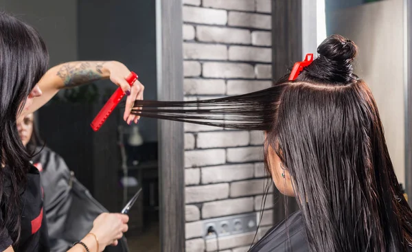 Женская профессиональная стрижка и моделирование каштановых волос — стоковое фото