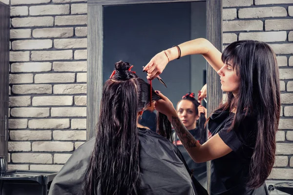 Joven peluquera femenina corte y modelado de cabello castaño por scis —  Fotos de Stock