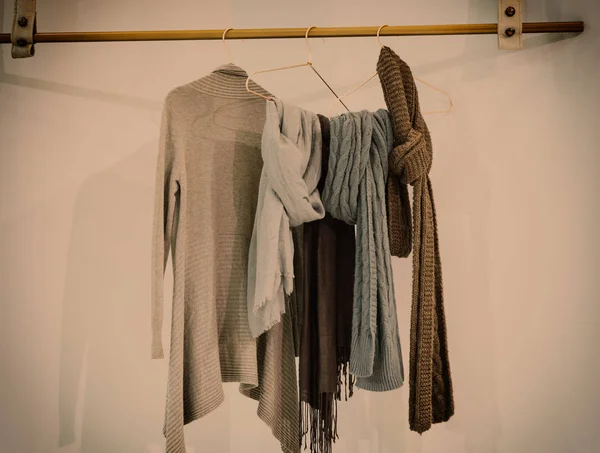 Modern style wardrobe with clothes hanging on wooden hanger