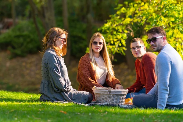 Twee jonge koppels genieten van een herfst picknick — Stockfoto